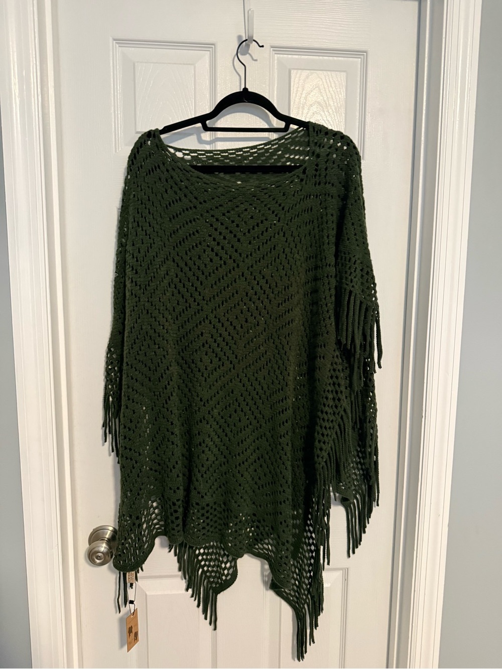 Open-Knit Fringe Poncho Sweater in Olive Green